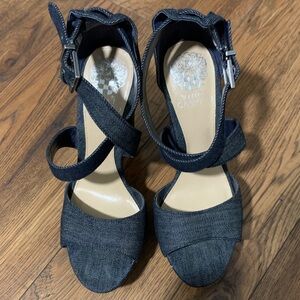 Vince Camuto Dark Denim Crisscross Ankle Strap Block Heels